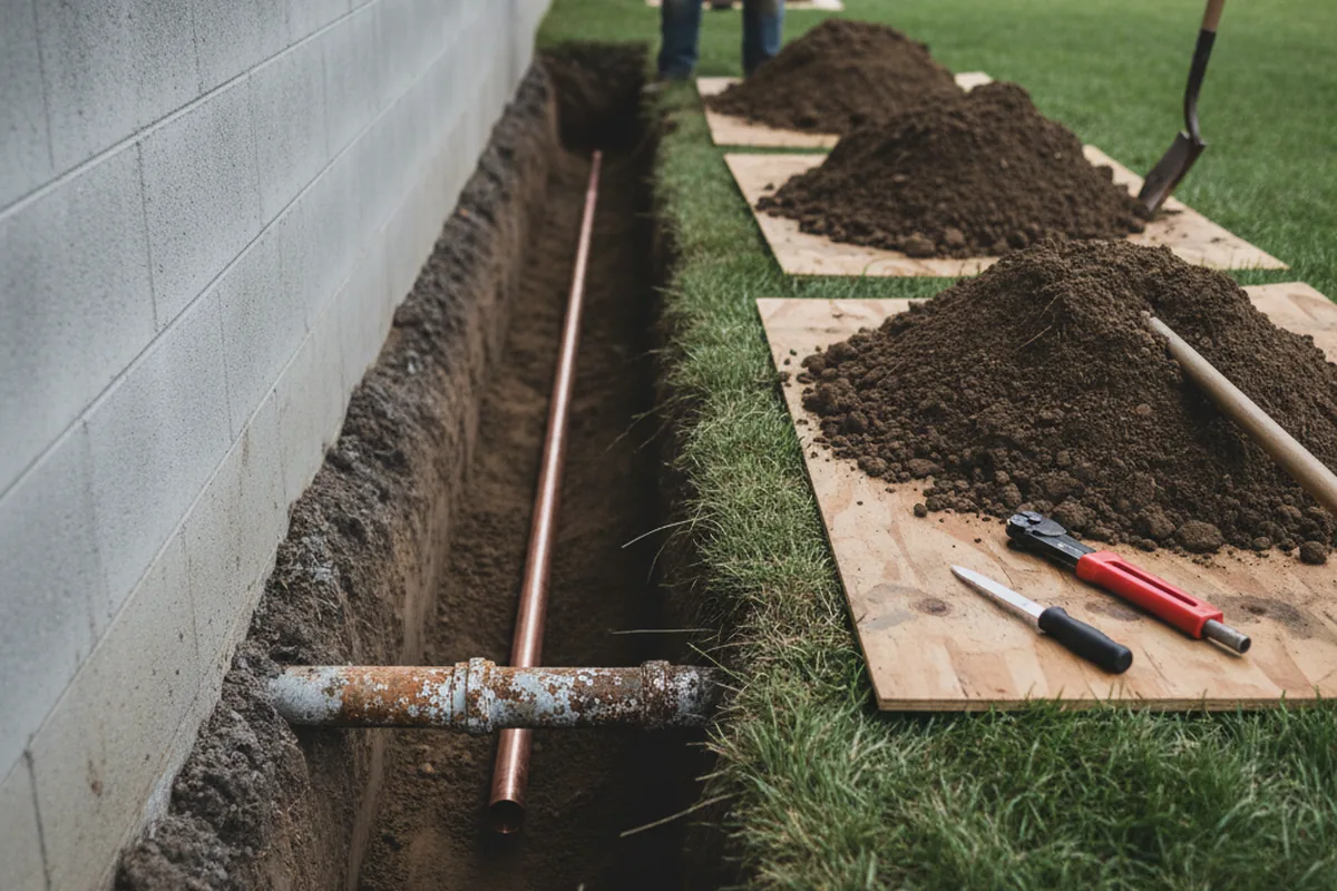 Excavated water line trench during Sewer Line Repair in Coaldale